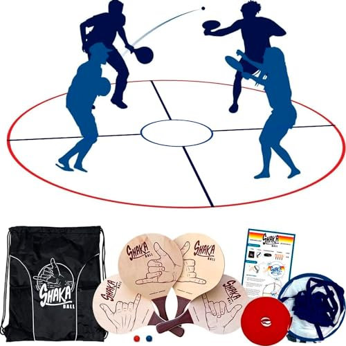 Shaka Ball Spielset – Multiplayer-Paddelspiel für Kinder und Erwachsene im Freien, Rasen, Hinterhöfe, Strände und Schnee – inklusive Spielfeld, 4 Holzpaddel, 2 Bälle und Tragetasche