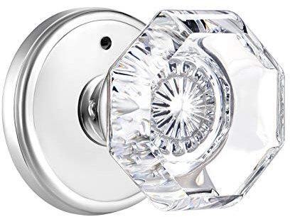 CLCTK Glass Door Knobs Interior with Lock, Privacy Octagon Crystal Door Knobs for Bed/Bathroom, Polished Chrome, BMC-002
