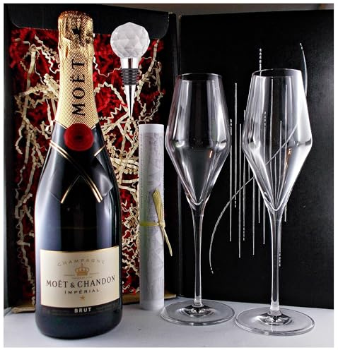 Moet & Chandon Brut Impèrial Champagner mit Flaschenverschluß & 2 Gläser in Geschenk Karton Geschenkset Frauengeschenke Männergeschenke Schaumwein