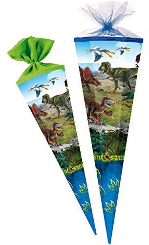 Schultüte Größenwahl Dinosaurier - Dinosaurs/Dino - 100 cm - eckig - Tüllabschluß - Zuckertüte - mit/ohne Kunststoff Spitze - Nestler - Jungen - Tyran..