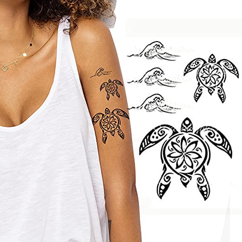 Tatodays Tatouage temporaire tortues noires maori tribal body art transfert pour bras épaule aztèque polynésien samoan hawaïen pour hommes et femmes adultes (Tortues)