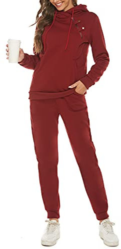 JENJON Conjunto Deporte Mujer Completo 2 piezas Manga Larga Pullover de Casa con Capucha Cremallera + Pantalones Casual de Otoño Invierno Yoga Fitness Rojo S