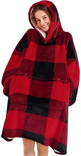 Naretce Coperta con cappuccio da donna e uomo, in pile Sherpa di alta qualità, con tasca gigante, super accogliente e grande, con cappuccio, idea regalo