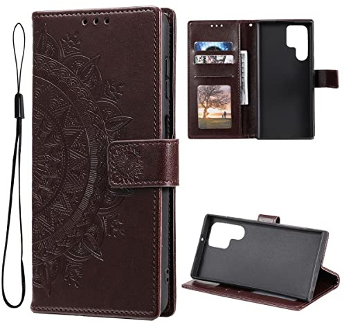 CoverKingz Schutzhülle kompatibel mit Samsung Galaxy S22 Ultra - Handycover mit Kartenfach Schutztasche Wallet - Flip Case klappbar Motiv Mandala Braun