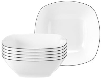 Seltmann Weiden Lido Black Line Dessertschalen 6er Set, 15 x 15 cm, Eckige Schale mit schwarzem Rand, Porzellan, Weiß