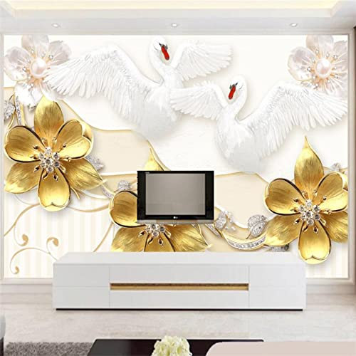 Benutzerdefinierte Wandtapete Schöner Weißer Schwan Gold Schmuck Blume Wand Hintergrund Fototapete Home Decor 430Cm(W)×300Cm(H)