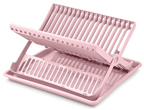 Escurreplatos Plegable de 2 Niveles en Plástico con Bandeja Recogedora (Rosa)
