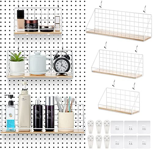 Roowest Lot de 3 étagères en métal avec supports en acier pour panneau perforé et crochets - Organiseur mural - Plateau de rangement - Accessoires pour salle d'artisanat, maison, bureau, garage,