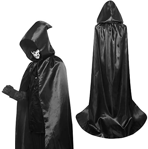 BUZIFU Umhang Mit Kapuze Halloween Umhang Unisex Lange Kapuzenumhang Cape Lange Satin Cape Vampir Umhang Halloween Cosplay Cape Karneval Fasching Kostüm für Herren und Kinder (XL, Schwarz)