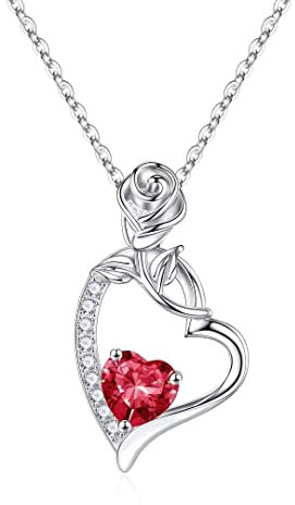 Herz Kette Geburtsstein Schmuck Damen, Rose Silber 925 Haslkette Juli Geburtsstein Rubin Kristall Anhänger Kette Personalisierte Muttertagsgeschenk Geburtstagsgeschenk für Mama Frauen Freundin