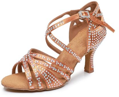 Rosefinch Scarpe da Ballo Latino da Donna con Strass Fondo Morbido Modern Pole Dance Ballroom da Sposa Scarpe Latine Regolabili per Ragazze Signore Marrone 7cm Tacco 38 EU