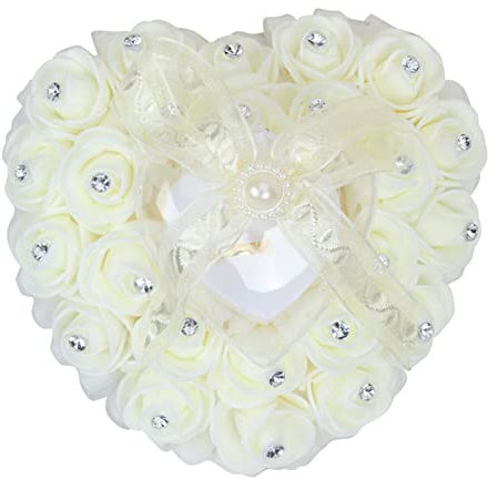 iSpchen Hochzeit Ringkissen Hochzeit Deko herzförmige Ehering Kissen romantische künstliche Rose Ringkissen Verlobungsring Box Ringhalter Ring Kissen Box für Hochzeitszeremonie