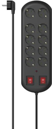 HAMA | Regleta de 10 Tomas con 2 Interruptores (Regleta con Protección a Sobretensiones, 2 Interruptores de Encendido/Apagado, Cable de 2m, Regleta Múltiples Enchufes) Color Negro