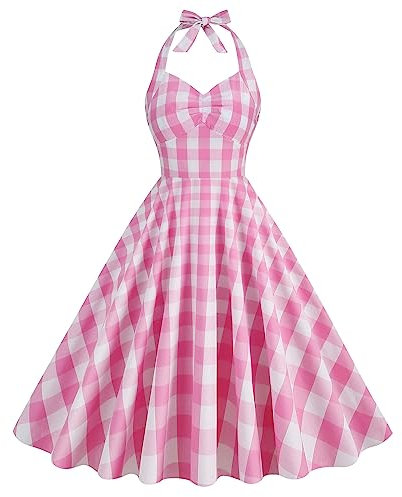 Odizli Robe vintage années 50 rockabilly dos nu bretelles spaghetti à carreaux été swing robe coctail, Rose #A, L