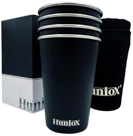 Huniox® 4 X 500 ML Tazza Campeggio – Bichieri Portatili – Tazza da Campeggio – Bicchieri Riutilizzabili – Tazze da Viaggio - Bicchiere Trekking (ARTIC BLACK, 500 ML)