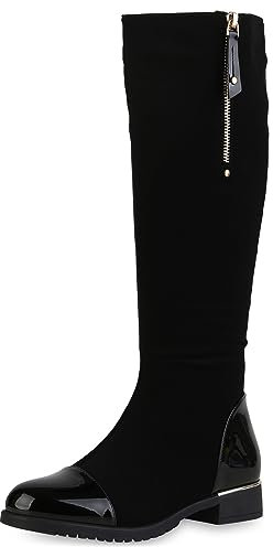 VAN HILL Damen Klassische Stiefel Blockabsatz Lack Trendy Schuhe 840545 213099 Schwarz Lack 37