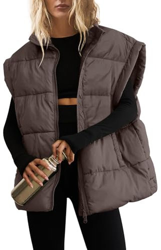 SENSERISE Übergroße Pufferweste für Damen, gesteppt, Blasenweste, Puffy Coats, Reißverschluss, Oberbekleidung mit Taschen, gepolsterte Weste, Kaffee, X-Large