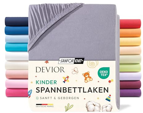 Devior Jersey Kinderspannbettlaken 60x120cm - 70x140cm, 100% Baumwolle, Matratzenhöhe bis 12cm, Grau – 135 g/m² Anti-Statisches, atmungsaktives Bettlaken mit Einlaufschutz, Matratzenbezug Grau
