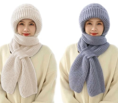 papasgix Integrierter Gehörschutz Winddichte Mütze Schal Set Damen, Kapuzenschal für Frauen Winter, 2 in 1 Maskenschal Strickmütze Damen Verdickter Warmer Einteiliger Hutschal(Grau+Beige)