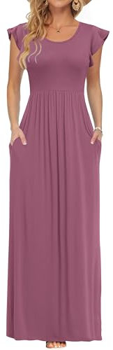 AUSELILY Damen Kurzarm Plissee Lässige Maxikleider mit Taschen Rundhalsausschnitt Sommer Freizeit Strandkleid Mauve Large