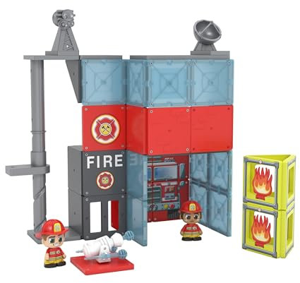 Tile Town Fire House Magnetic Tiles Construction Building Playset + Figures, Kids 3-5+, New ACTION TILES for Action Play, Realistic Builds, STEM Creative Toy, Great Gift for Boys & Girls