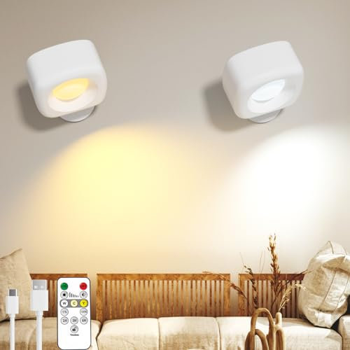 LED Wandleuchte Innen, Wandleuchte Ohne Stromanschluss und Bohren, 10 Helligkeit und 3 Farbe Akku Wandlampe, 360° Drehbare Aufladbare Wandlichter für Wohnzimmer, Schlafzimmer, Treppenhaus, 2 Stück