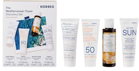 KORRES TRAVEL ESSENTIAL Gesicht- & Körperpflege Set für Reisen & unterwegs, Probierset aus Waschcreme 20ml, Sonnencreme 20ml, Aftersun 20ml & Duschgel 40ml