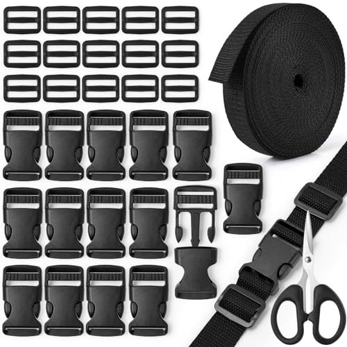 Amentalove Schnallen Gurtband Set 32mm, 10M Nylon Gurtband mit 15 Tri-Glide Slides Clip, 15 Flache Seite Release Schnallen und 1 Schere, Einstellbare Kunststoffschnalle for DIY Craft Rucksack Tasche