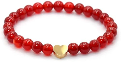 Echtes Karneol Edelstein Armband mit 6mm Perlen und Edelstahlherz - verschiedene Längen - Heilstein Schutzstein Talisman Glücksbringer Geschenk (Karneol, 18CM)