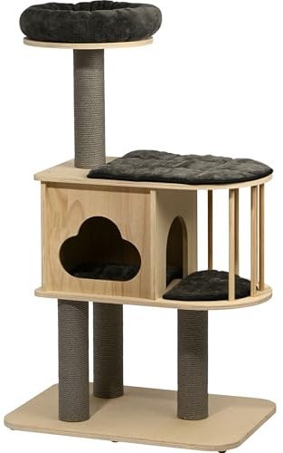 dobar® Kratzbaum Mila Groß aus Holz mit abnehmbaren anthrazitfarbenen Bezügen - Stabiler Kratzbaum mit Kuschelhöhle - 68 x 48 x 116 cm