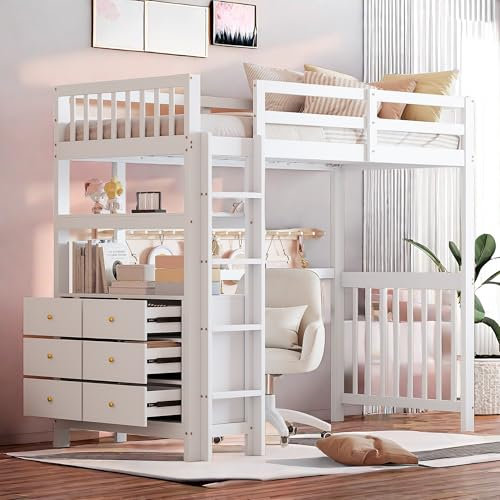 Cayipng Litera para niños de 90 x 200 cm con cajones y estantes, cama individual tipo loft, cama para niños con barrera con escritorio, cama alta con escalera, cama para niña, color blanco