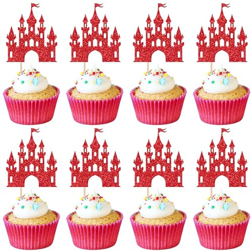 Xsstarmi 24 Pack Castle Theme Cupcake Toppers Glitter Queen Princess Castle Cupcake Picks Queen Princess Birthday Cake Decorations for Baby Shower Wedding Birthday Party Supplies Red