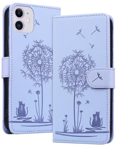 LEINOTWANCH Flip Wallet Case for iPhone 11 Leather Cover With Card Holder | Dandelion with Cat,Magnetic,PU Leather+TPU inner case,Kickstand,3 Card Slots+Cash Pocket+Wrist Strap,Protective,Purple