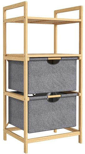 HOMCOM Wäschekorb 35,4 L Wäschesammler mit 2 Wäschekörben aus Stoff, offene Ablagen, Wäschebox mit Griff, für Badezimmer, Bambus, Natur