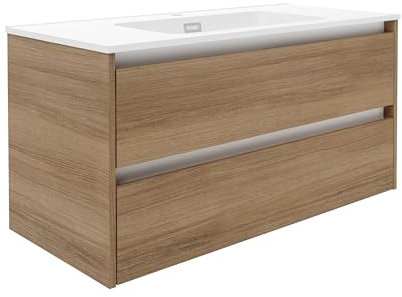FACKELMANN Vita Waschbecken mit Unterschrank in Summer Oak, 101cm – Modernes Design, Gussmarmor in Mattweiß, Zwei Schubladen mit Soft-Close System, Made in Germany