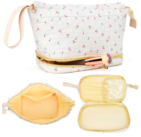 Long Keeper Florale Kosmetiktasche Damen Baumwolle Doppelschicht Große Make-up Tasche Blume Reise Kulturtasche Tragbarer Organizer Waschtasche (Kirsche)