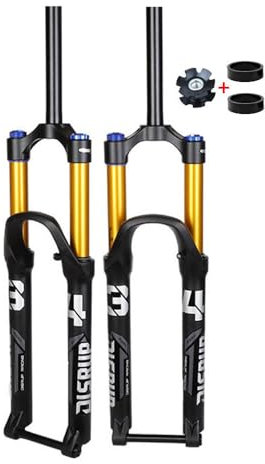 BSFHQS Fahrrad Federgabel 26/27.5/29 Zoll Mountainbikes Luftgabel Federweg 160mm 1-1/8 Gerade/konisches Vorderradgabel Steckachse 15x110mm Scheibenbremse Dämpfungseinstellung(Gold-Straight,29)