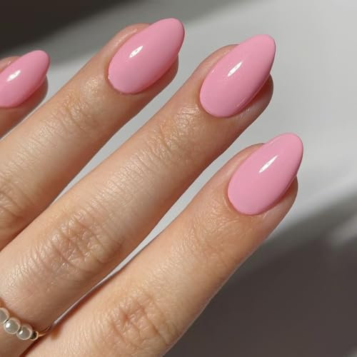 KQueenest Baby Rosa Press On Nails Kurz, Acryl Nägel zum Aufkleben Kurz Runde, Einfarbig Fake Nails Mandel Fingernägel zum aufkleben, Glänzende Gel Kunstnägel für Frauen Alltagstauglich 24 Stück