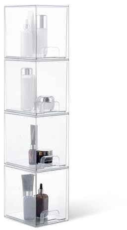Amazon Basics Stackable Plastic Storage Drawers Make Up Organizer, Clear Transparent Cosmetic Holder, 15.3 x 18.8 x 19.6 cm, 4 Pack