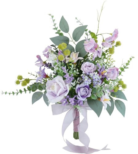 Fouriding Wedding Bride Bouquets Lilac,Artificial Hand Flowers Bridal Bouquet Bridesmaid for Ceremony Anniversary Party Bridal Shower Decoration Wedding Bouquets