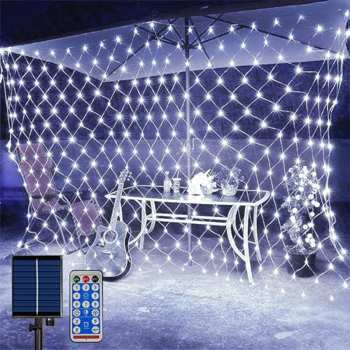 Lichternetz Solarleuchten Außen 3m x 2m, 192 LEDs Wasserdichte Lichterkette Netz mit Fernbedienung & 8 Lichtmodi, Baum Lichterkette für Garten Balkon Zaun Weihnachten Hochzeit Party Dekoration - Weiß
