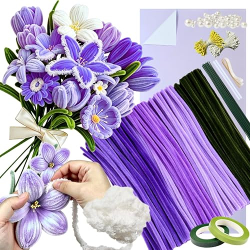 Piprensarblomma-kit - Set med 300 - 5 färger - lila - för DIY - Ingår: Ull, pärlor, ståndare, blomtrådar, självhäftande tejp, papper