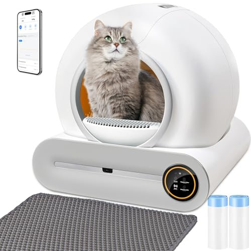 XQDKoon Arenero Gato Autolimpiable, 65L + 9L Arenero Inteligente con 2 Rollos Bolsas Basura y 1 Tapete para Piso, Eliminación de Olores, Control de App, Automatic Cat Litter Box para Varios Gatos