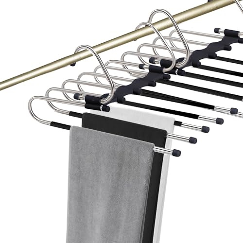 2 Stück Kleiderbügel platzsparend,5 In 1 Edelstahl Faltbare Hosenkleiderbügel, rutschfest Mehrfach Bügel Hosenkleiderbuegel für Hosen, Kleidung