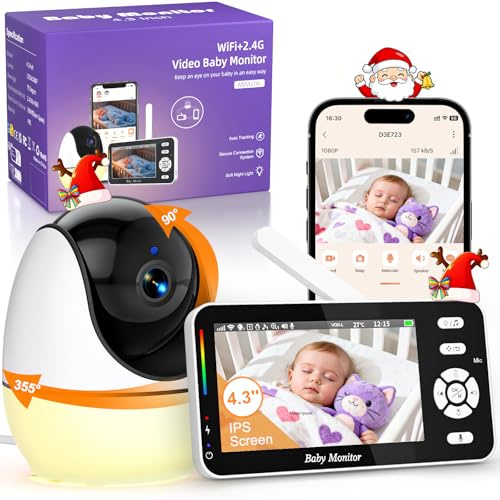 BURNNOVE 4.3 Camara Vigilancia Bebe, Vigilabebes con WiFi y App, Visión Nocturna Full HD 1080P, Alertas de Movimiento y Ruido, Seguimiento Automático, Zoom 4X, Voz Bidireccional, Sensor Temperatura