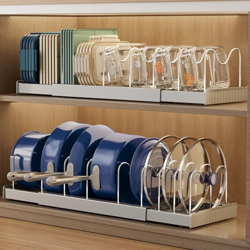 Magheo 2 Pack Pots and Pans Organiser for Cupboard, 57CM Expandable Pan Lid Holder with 9 Adjustable Dividers, Kitchen Pot and Pan Lid Storage Rack Inside Cabinet/Countertop Cupboard Organisers(Grey)