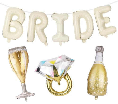 Bride Balloons Set, 40,64 cm Großes Beige-Brautballonbanner mit Tasse Diamantring und Bierflasche für Junggesellinnenfeiern Verlobungen und Hochzeiten