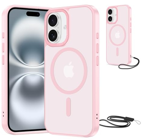 NEW'C Coque pour iPhone 16 Plus, Compatible MagSafe | Coque Rose + Cordon détachable, 6,7 pouces, Magnétique, Antichoc militaire, Aimants N56, Fin