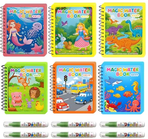12 Stück Kreatives Wassermalbuch Set, Mit 6 Wassermalbuch Und 6 Wasserstifte, Magic Malbuch, Wiederverwendbar wasser malbuch malbuch wasserstift für 2 3 4 5 6 Jahre alte Kindergeschenke