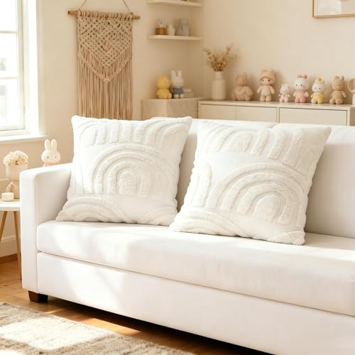 Sunshine smile 2er Set Samt Kissenbezüge Weicher,Boho Regenbogen Kissenbezüge 45x45,Kissenbezug 45x45,Samt Stickerei kissenbezüge weicher,Weicher Plüsch Zierkissenbezüge